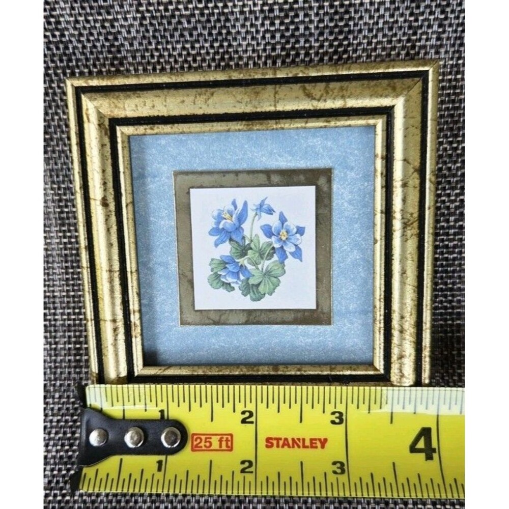 3 Miniature Pictures By Kathy Seek Blue Flowers Gold Frames 4x4 - Picture 8 of 12